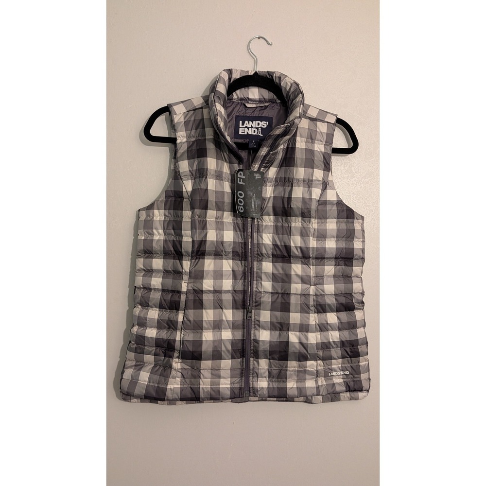 Lands End Womens Buffalo Plaid Puffer Vest 600 Fill Down Grey Black Small 6-8